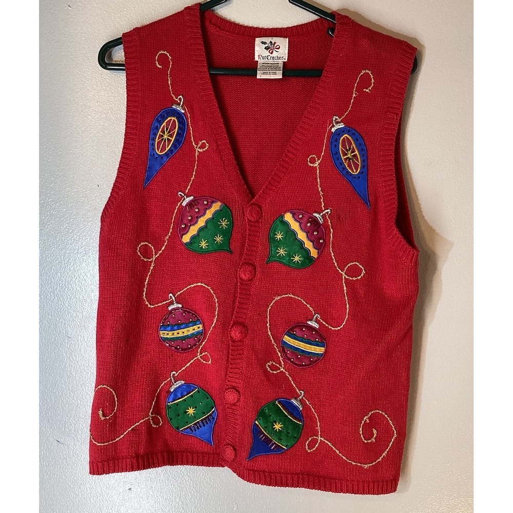 Nutcracker Sweater Vest Women's Large Applique Merry Christmas Ornaments Red